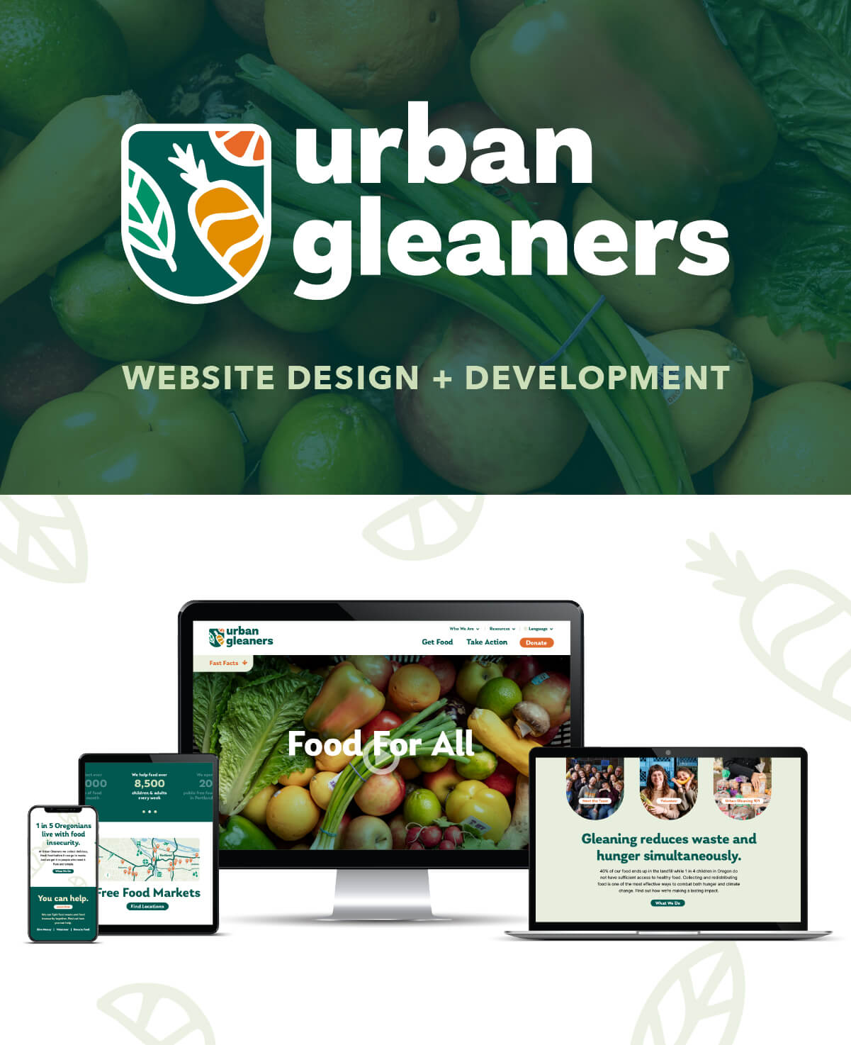 Urban Gleaners website design + development. Website displayed on desktop, laptop, tablet and mobile phone views.