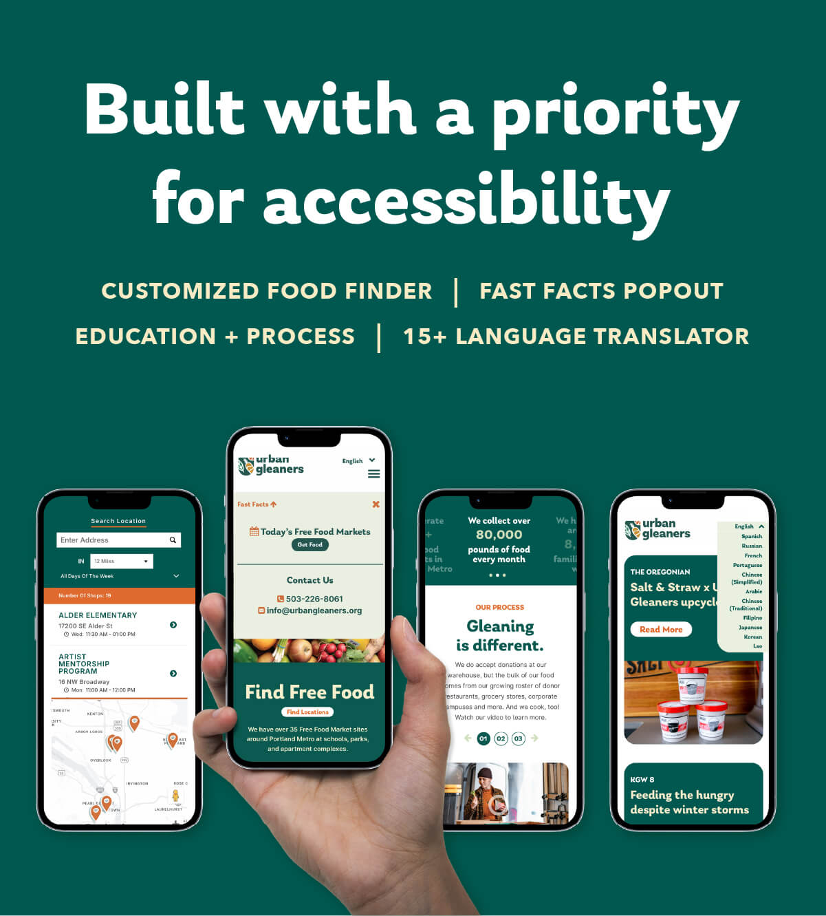 Built with a priority for accessibility. Customized food finder, fast facts popout, education + process, 15+ language translator