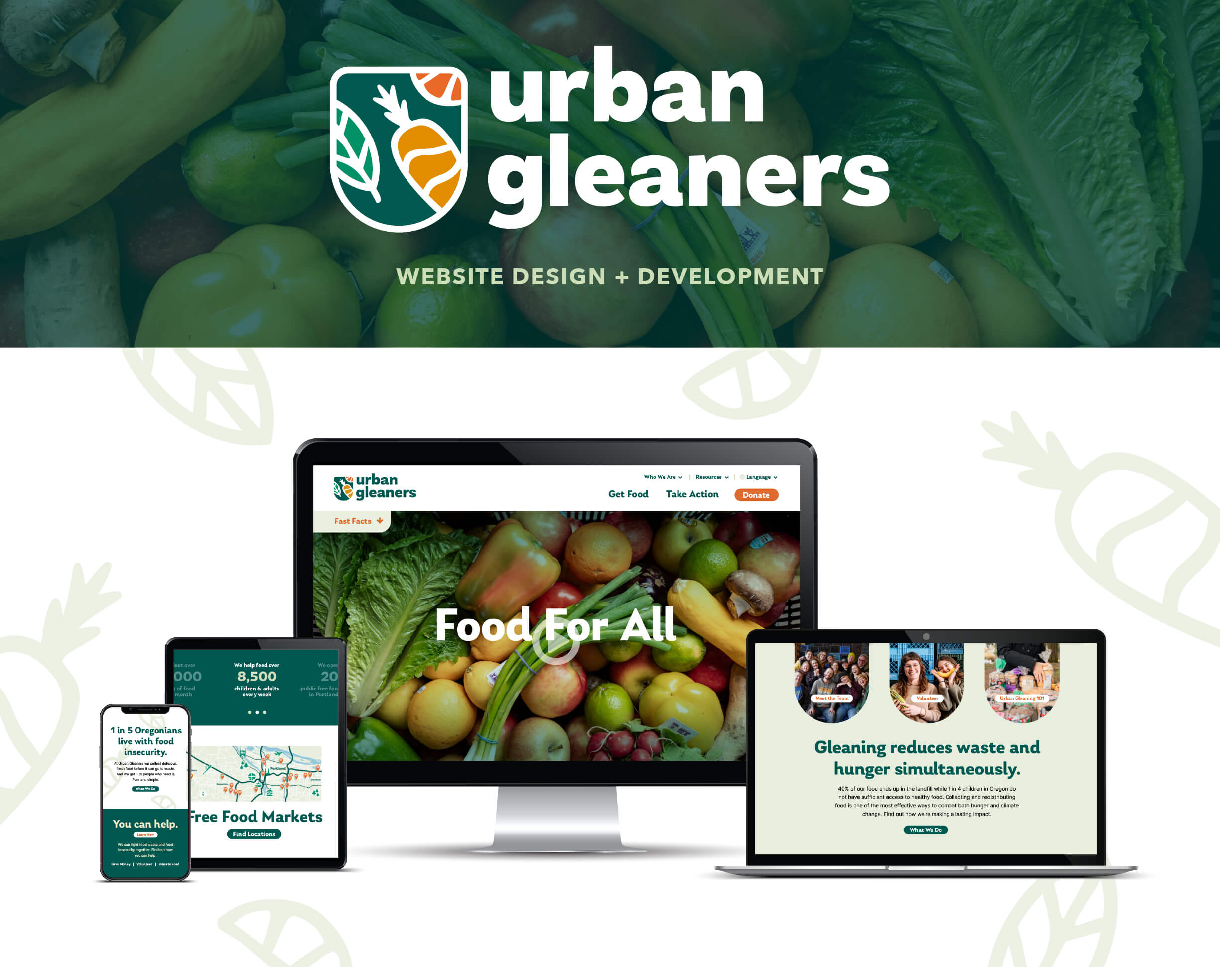 Urban Gleaners website design + development. Website displayed on desktop, laptop, tablet and mobile phone views.