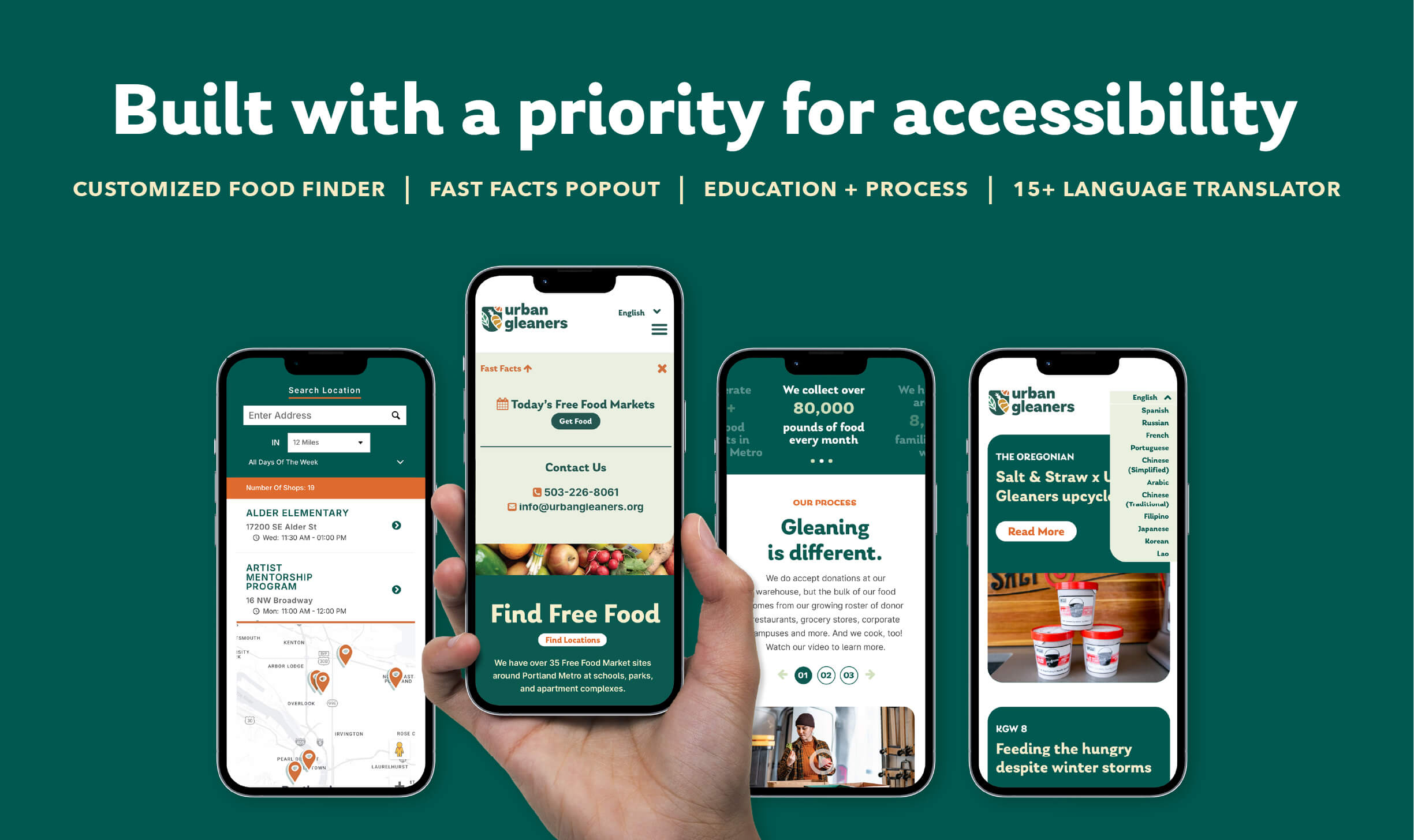 Built with a priority for accessibility. Customized food finder, fast facts popout, education + process, 15+ language translator