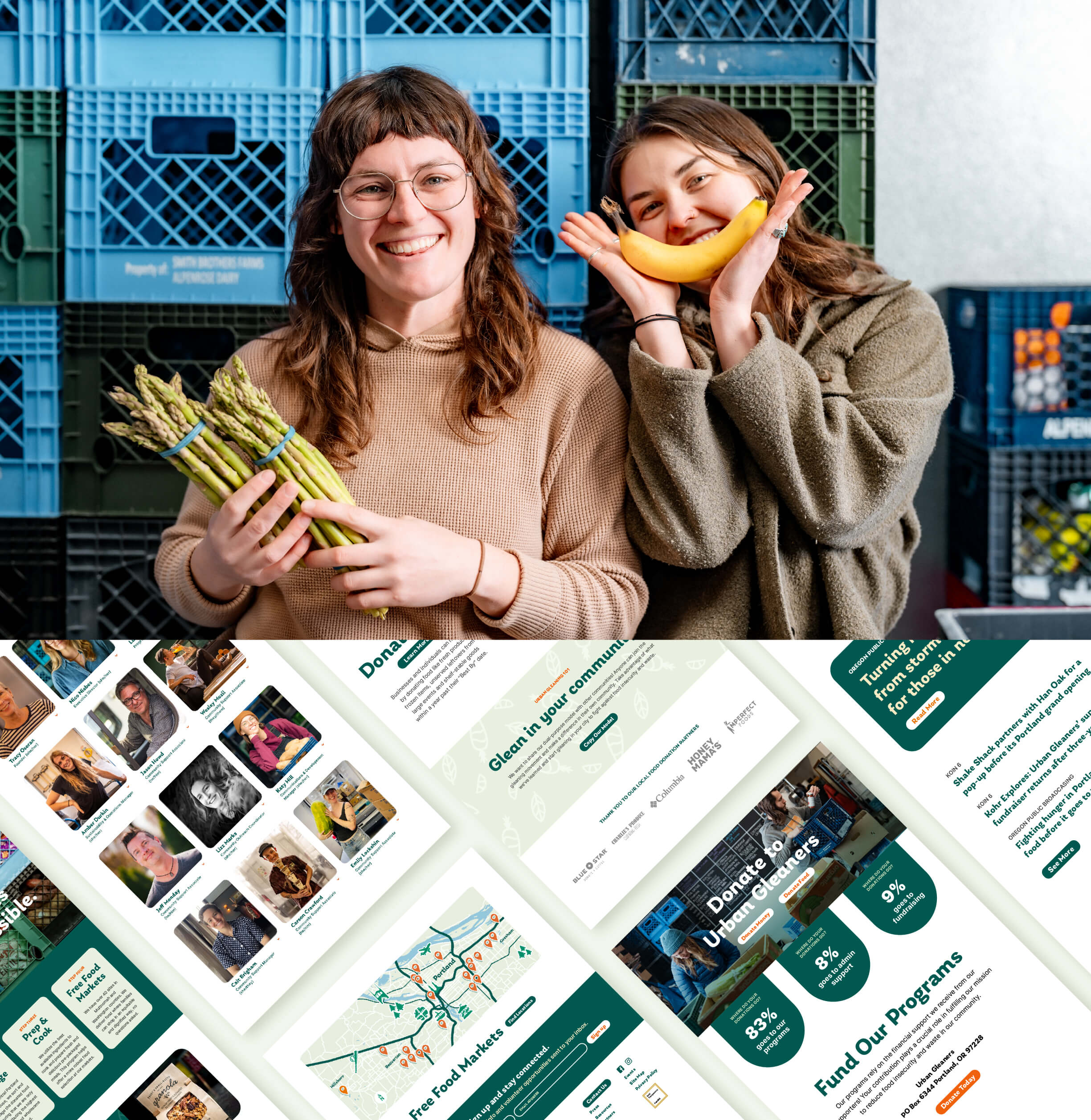 Urban Gleaners staff with produce and website pages screenshots pattern.