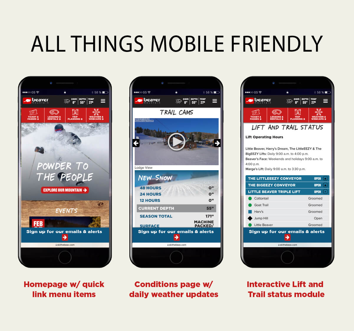 Mobile friendly with quick link menu items, conditions page with daily weather updates and an interactive lift and trail status module.