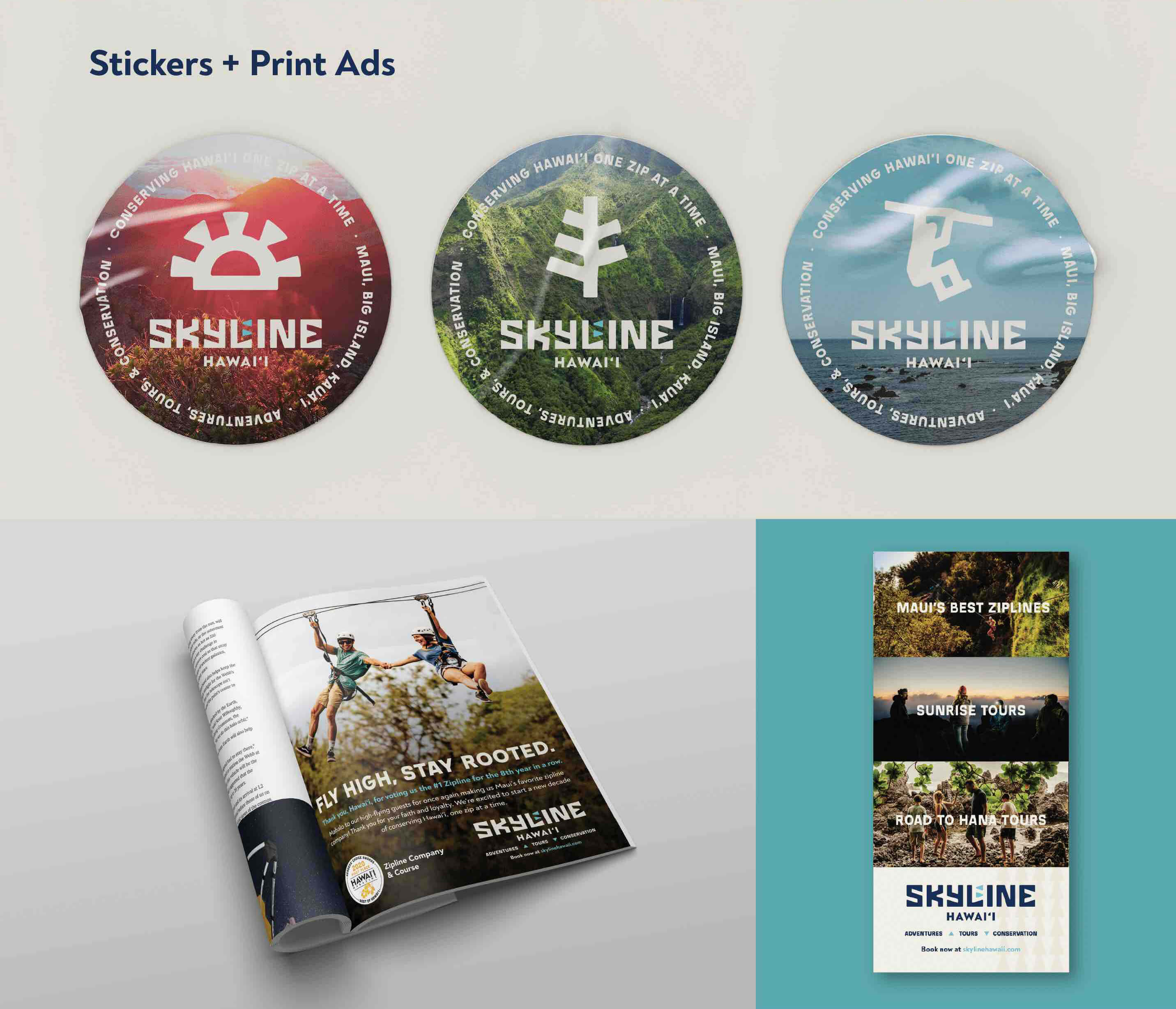 Skyline Hawaii branded stickers and print ads