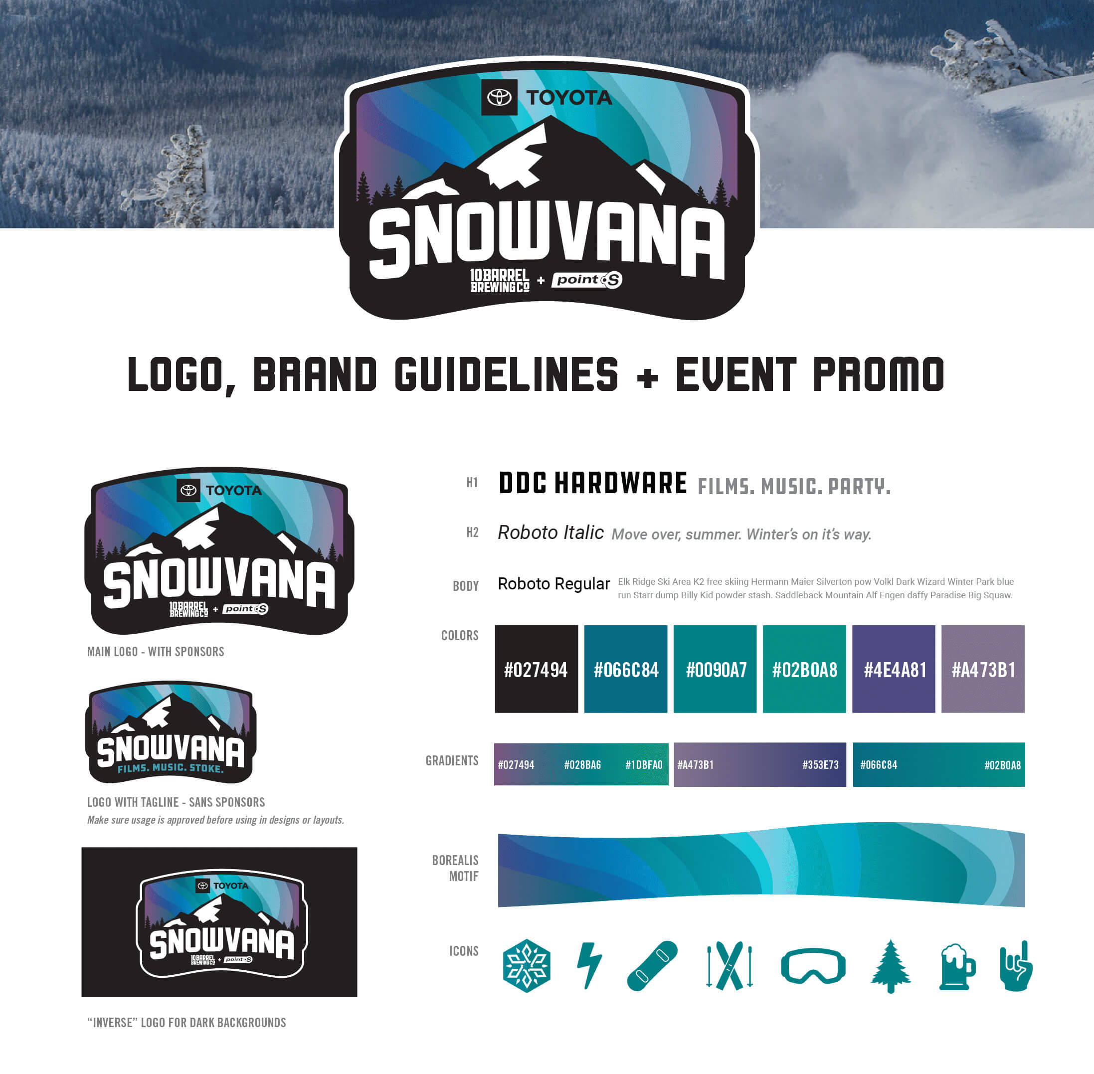 Logo, Brand guidelines and event promotions for Snowvana created by Fish Marketing